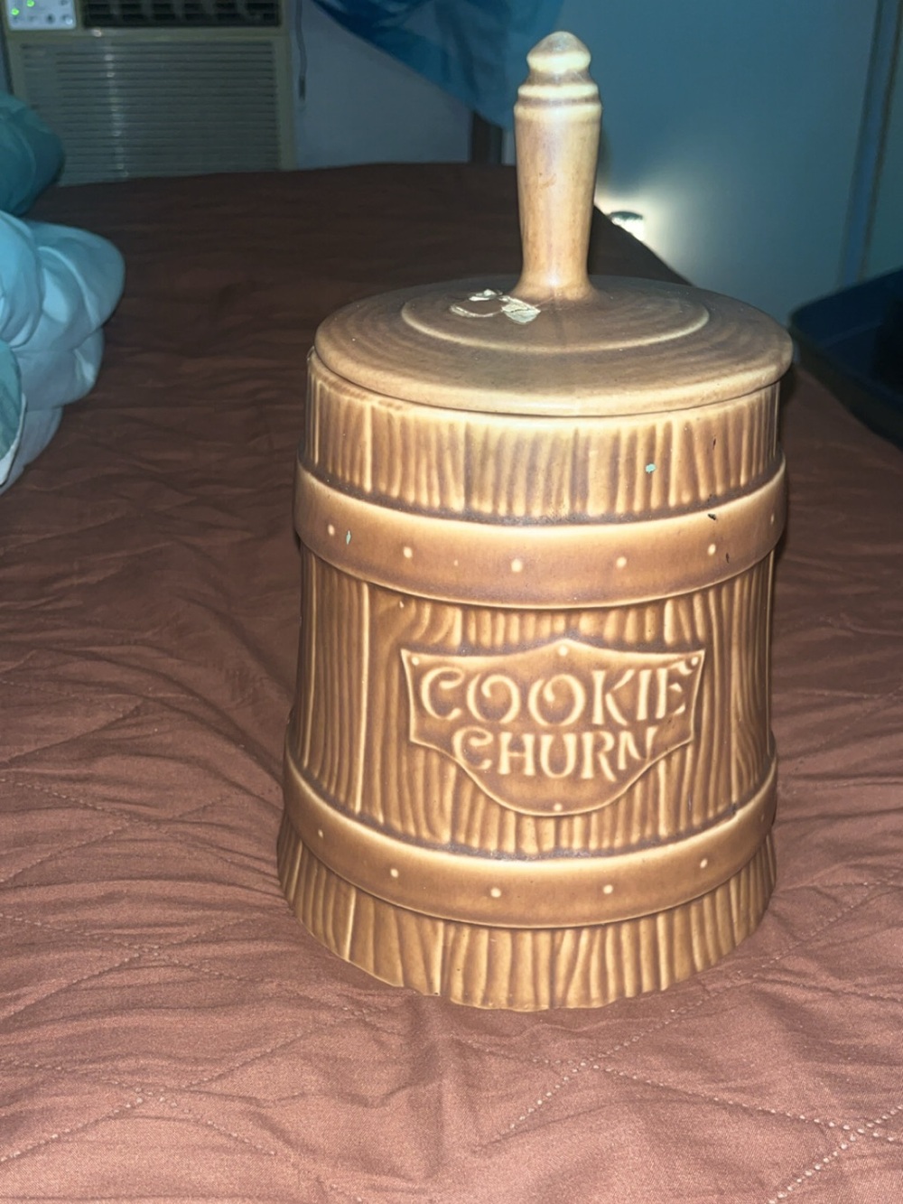 Brown Ceramic Cookie Churn Storage Jar with Lid
